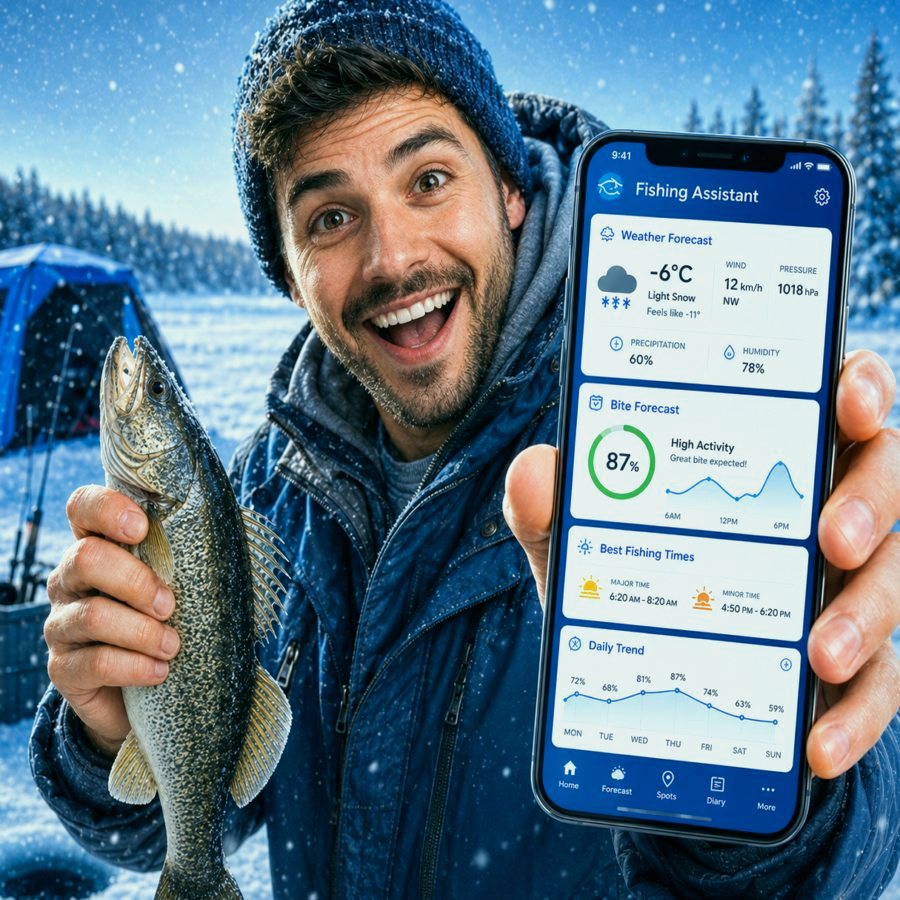 Fishing Assistant app screen with forecast and map