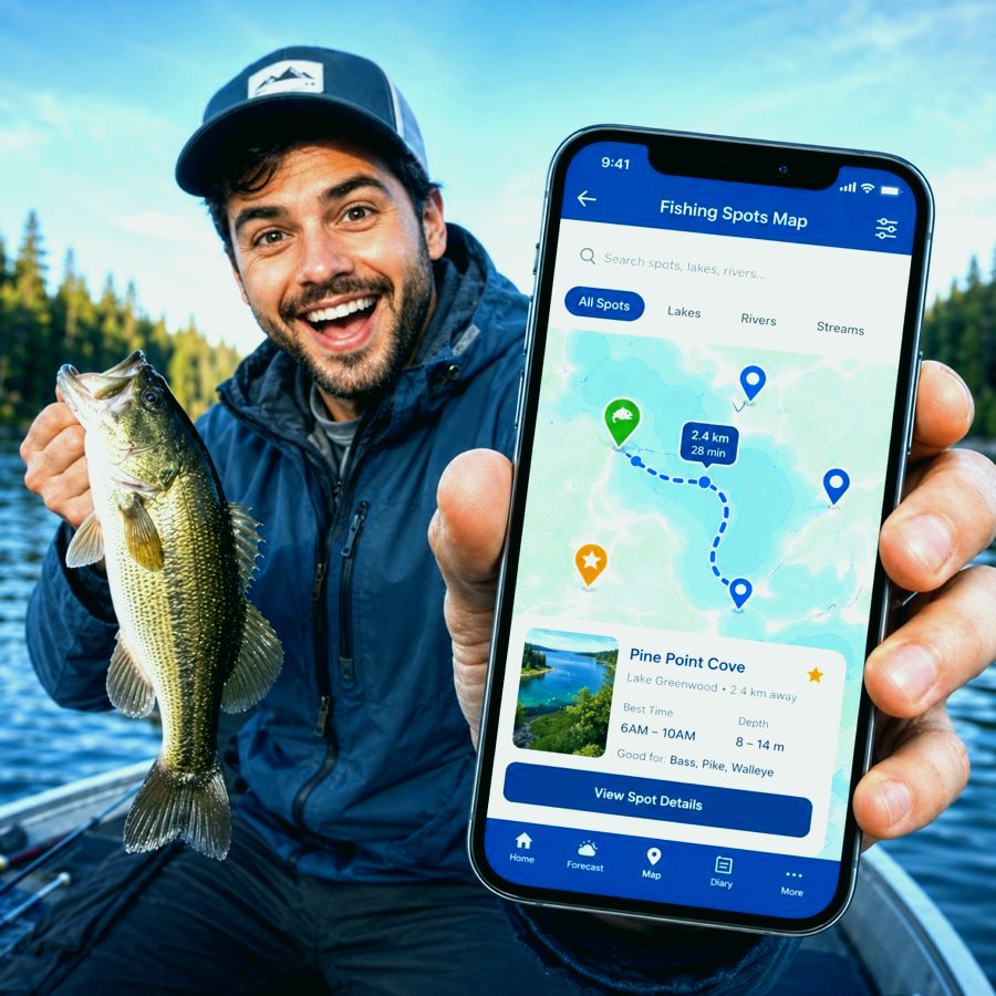 Fishing map screen with saved spots